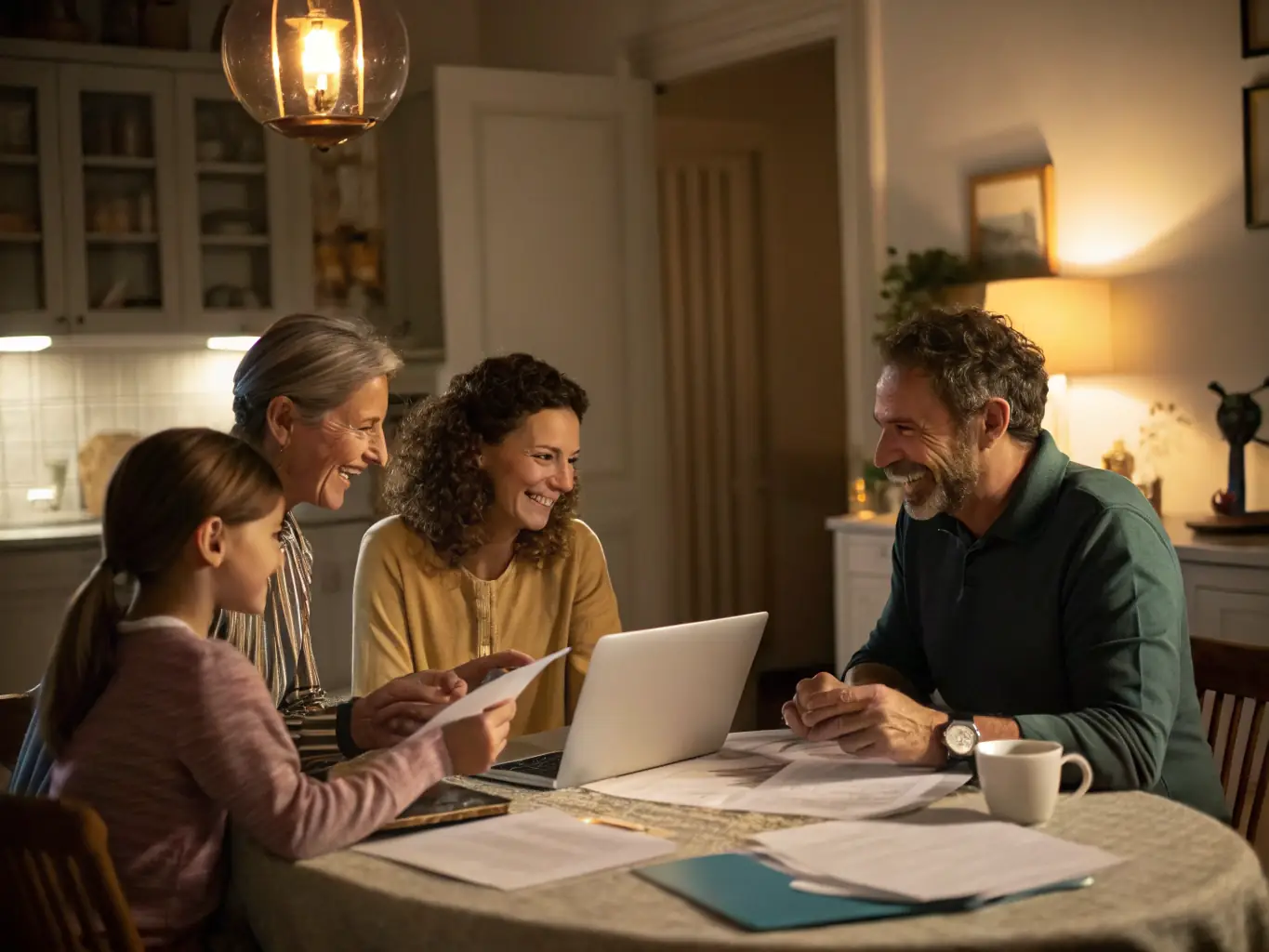 A family reviewing financial documents with a consultant in a cozy office environment, illustrating financial planning and advisory services.